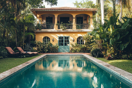 Vintage home with pool reflection and tropical surroundings, an Abstract Photo by Natalia Klenova's Shop