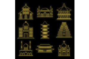 Temple Tower Castle Icons Set Vector