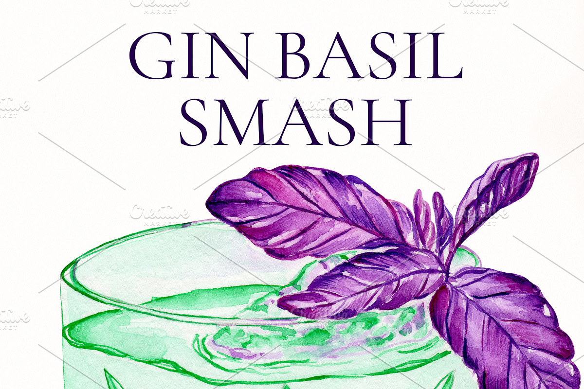 Gin Basil Smash Watercolor Cocktail, a Food Illustration by Olexandra Mur (Photo 2 of 3)