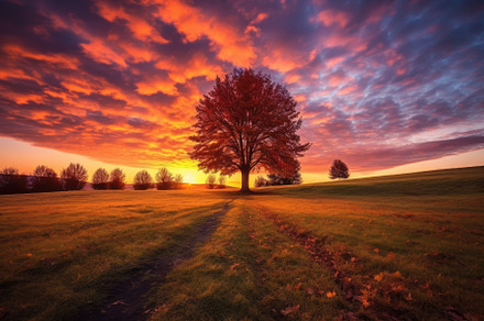 The shot balances the silhouettes of bare trees against the vibr, a Nature Photo by designvectx