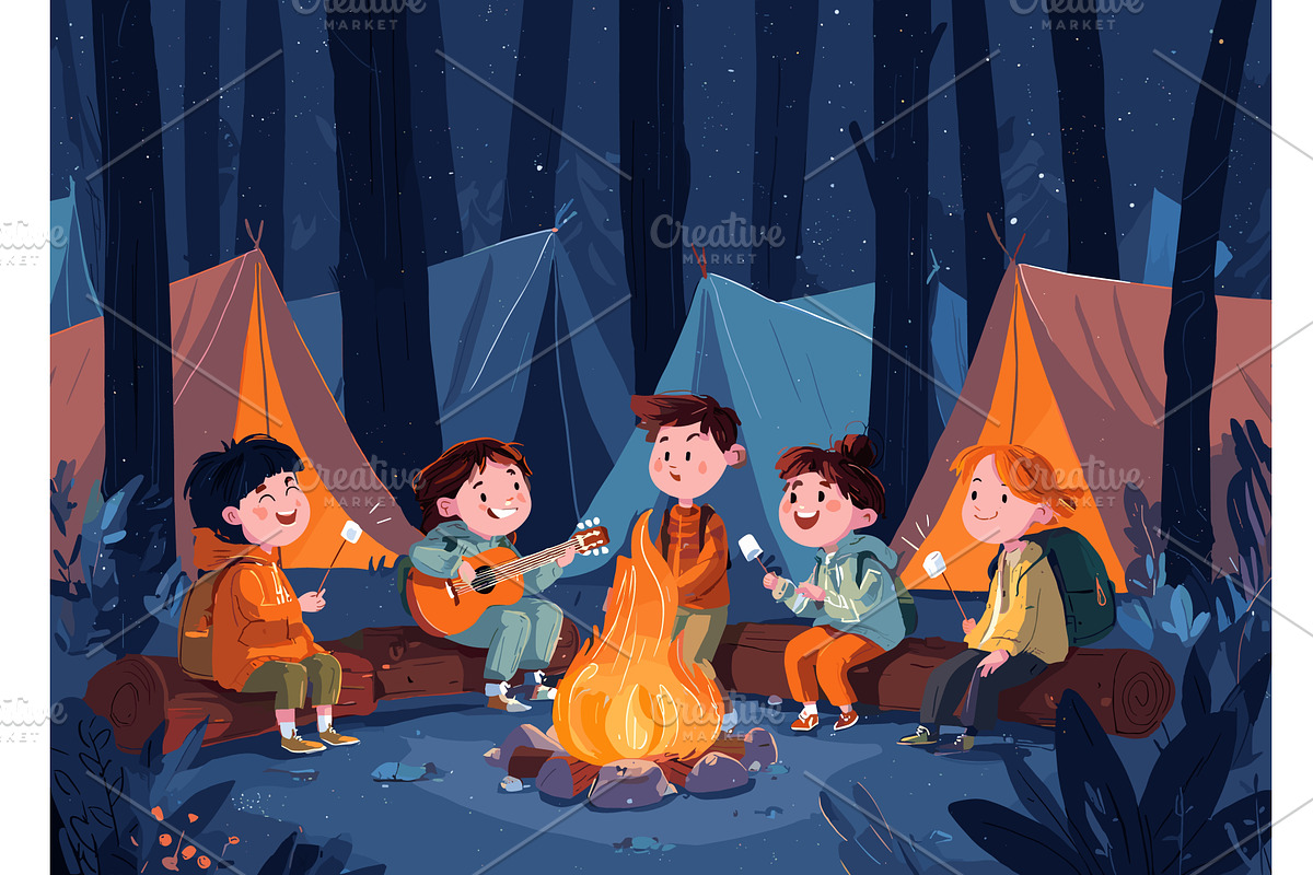 Children campfire story. Kids, an Illustration by Stock-Smart-Start
