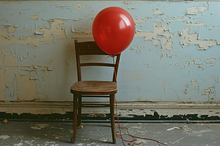 Red Balloon Resting on Wooden Chair,, a Photo by Iftikhar Alam