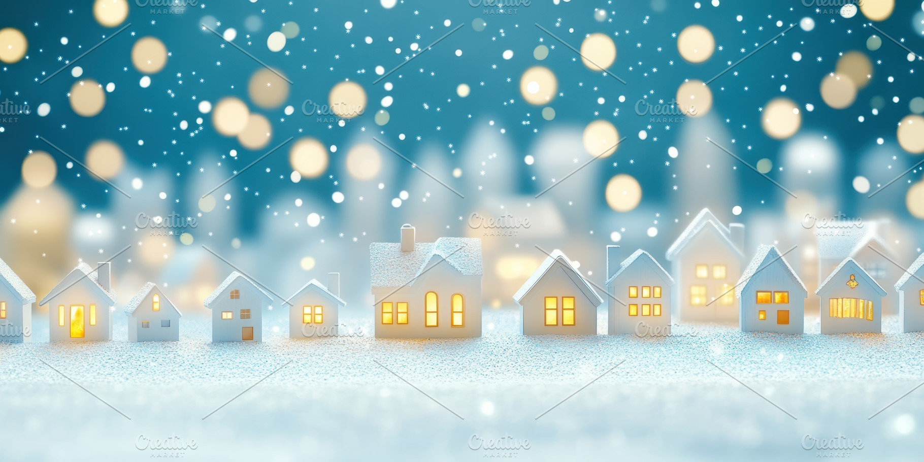 Miniature snow-covered houses glowing warmly against a backdrop of festive boke, a Holiday Photo by Mashimara