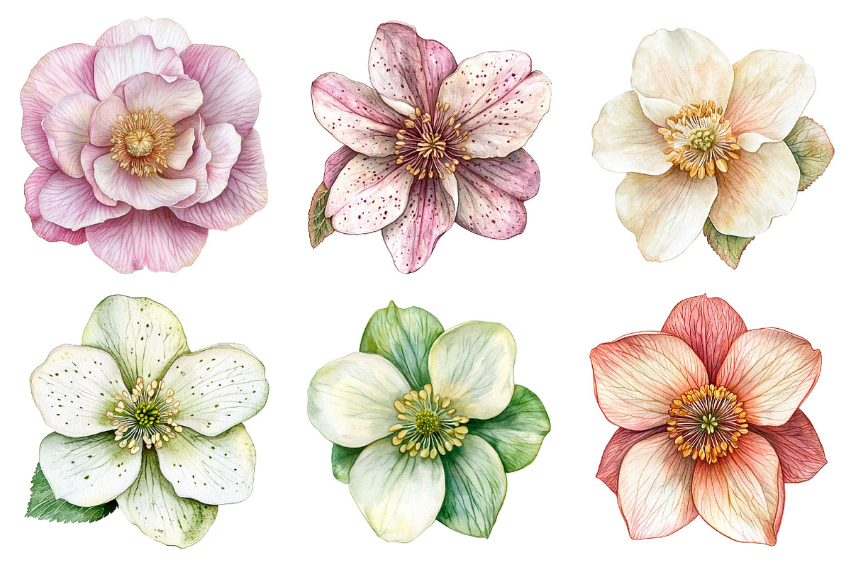 Watercolor Hellebore Clipart, a Seasonal Illustration by Design Market