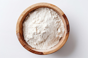 Flour in wooden bowl on white background, a Food & Drink Photo by AlyaAnd