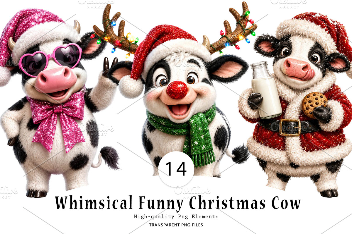 Whimsical Funny Christmas Cow, a Seasonal Illustration by CreationArt (Photo 1 of 6)