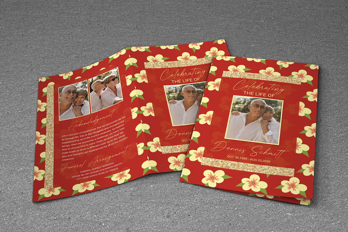 Red Flower Floral Funeral Program
