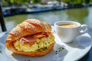 Croissant sandwich with meat, cheese, vegetables and white cup of coffee on woo, a Food & Drink Photo by AlyaAnd