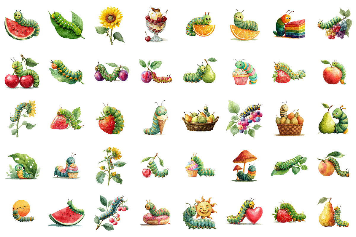 Watercolor Hungry Caterpillar Clipar, a Seasonal Illustration by designcity5 (Photo 2 of 5)