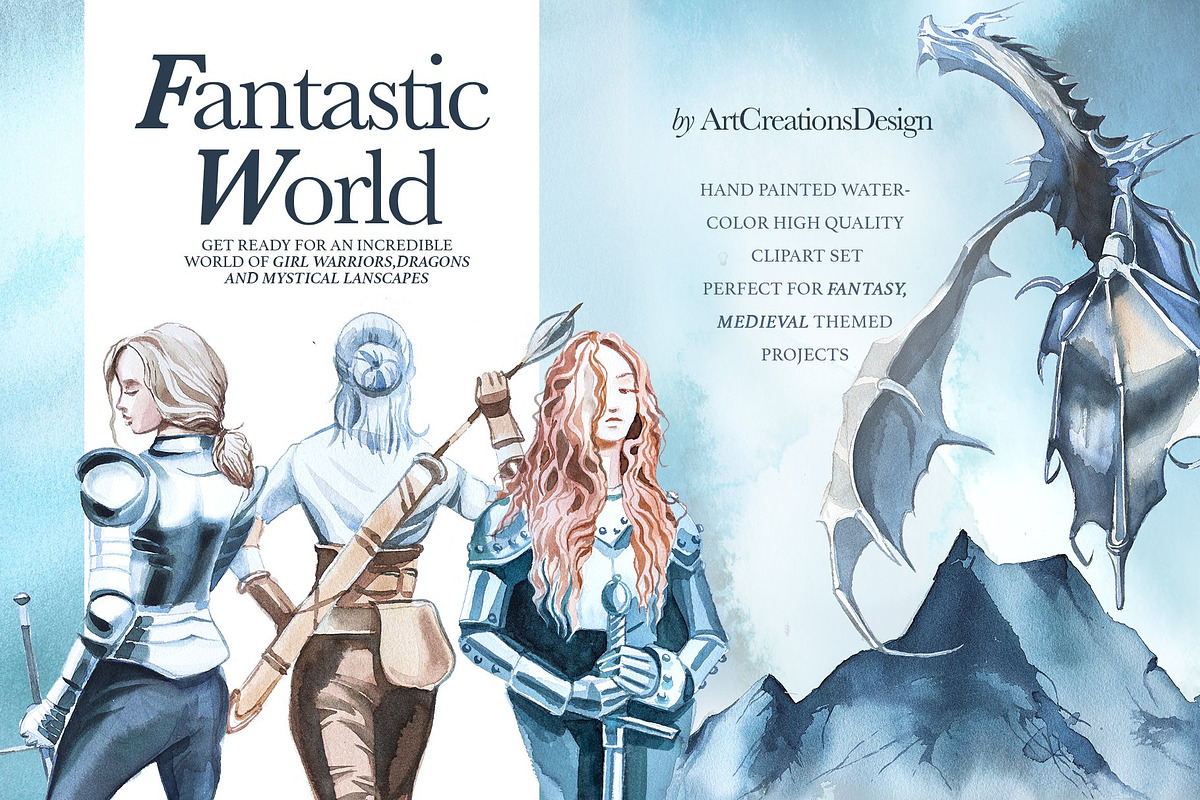 Watercolor Fantasy Clipart Bundle, a Person Illustration by ArtCreationsDesign (Photo 7 of 22)