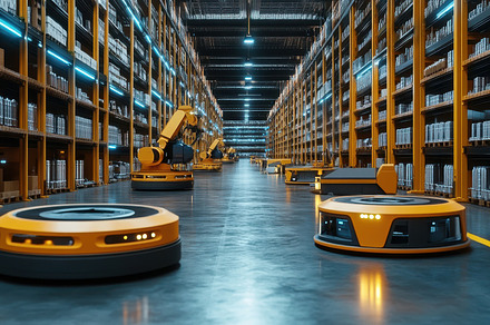 Automated robots navigate a warehous, a Background Photo by Pixeness