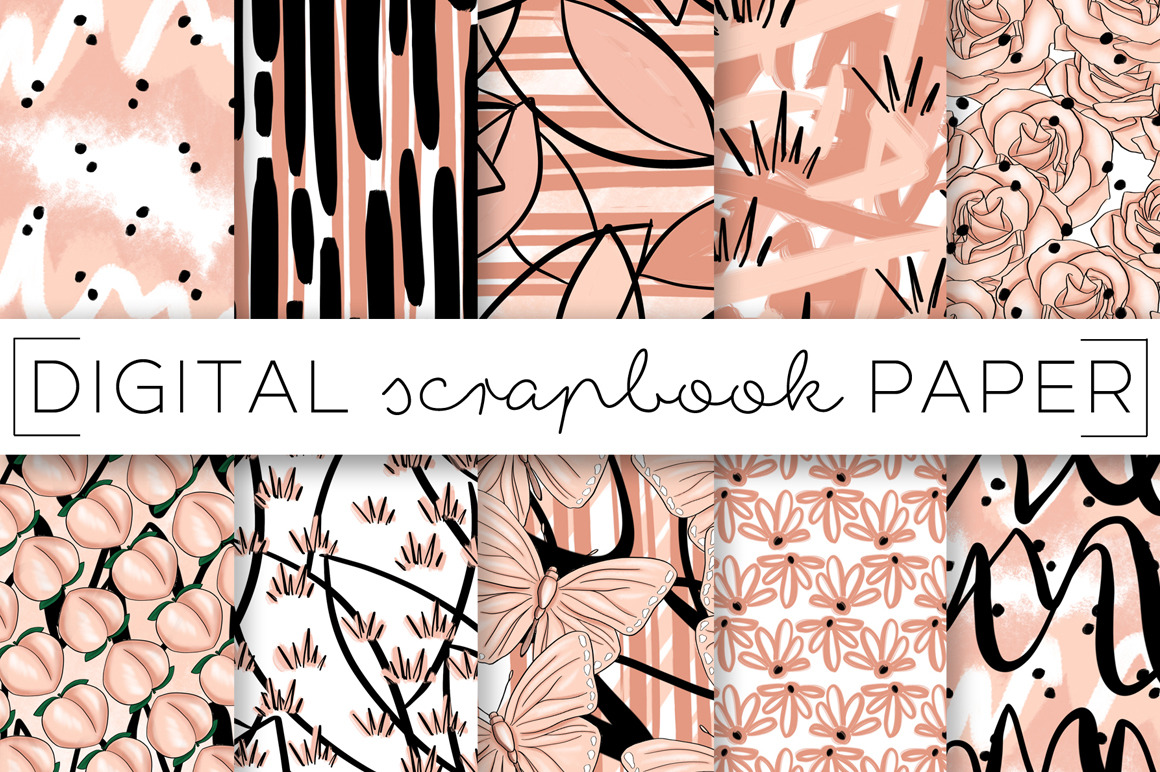 Peach and Black Digital Paper, a Pattern Graphic by TWG Designs