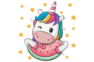 Cute Cartoon Unicorn With Watermelon