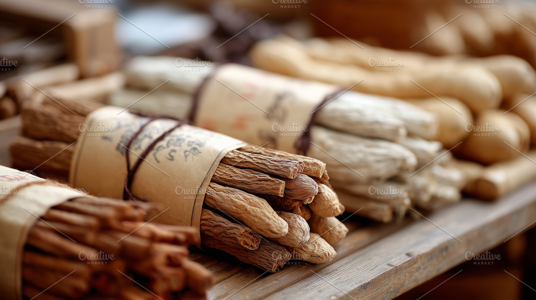 Bundles of dried ginseng roots tied, a Health & Medical Photo by MistyDay