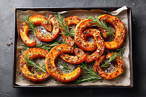 Grilled butternut squash slices garnished with herbs on a baking tray, a Food & Drink Photo by AlyaAnd