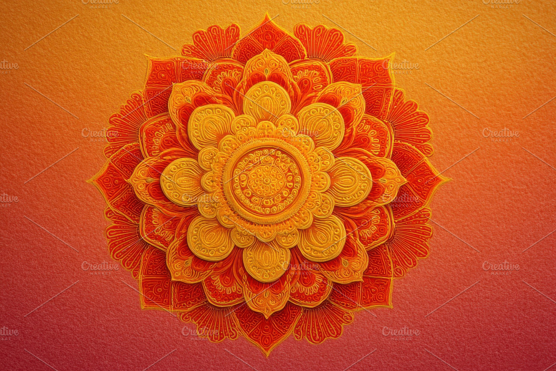 Intricate Orange and Gold Mandala De, a Photo by Pixeness Studio