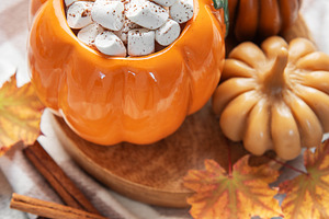 Pumpkin mug of hot chocolate with marshmallows, a Food & Drink Photo by Olena Rudo