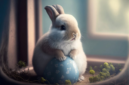 Cute easter bunny with an easter egg. Generative AI