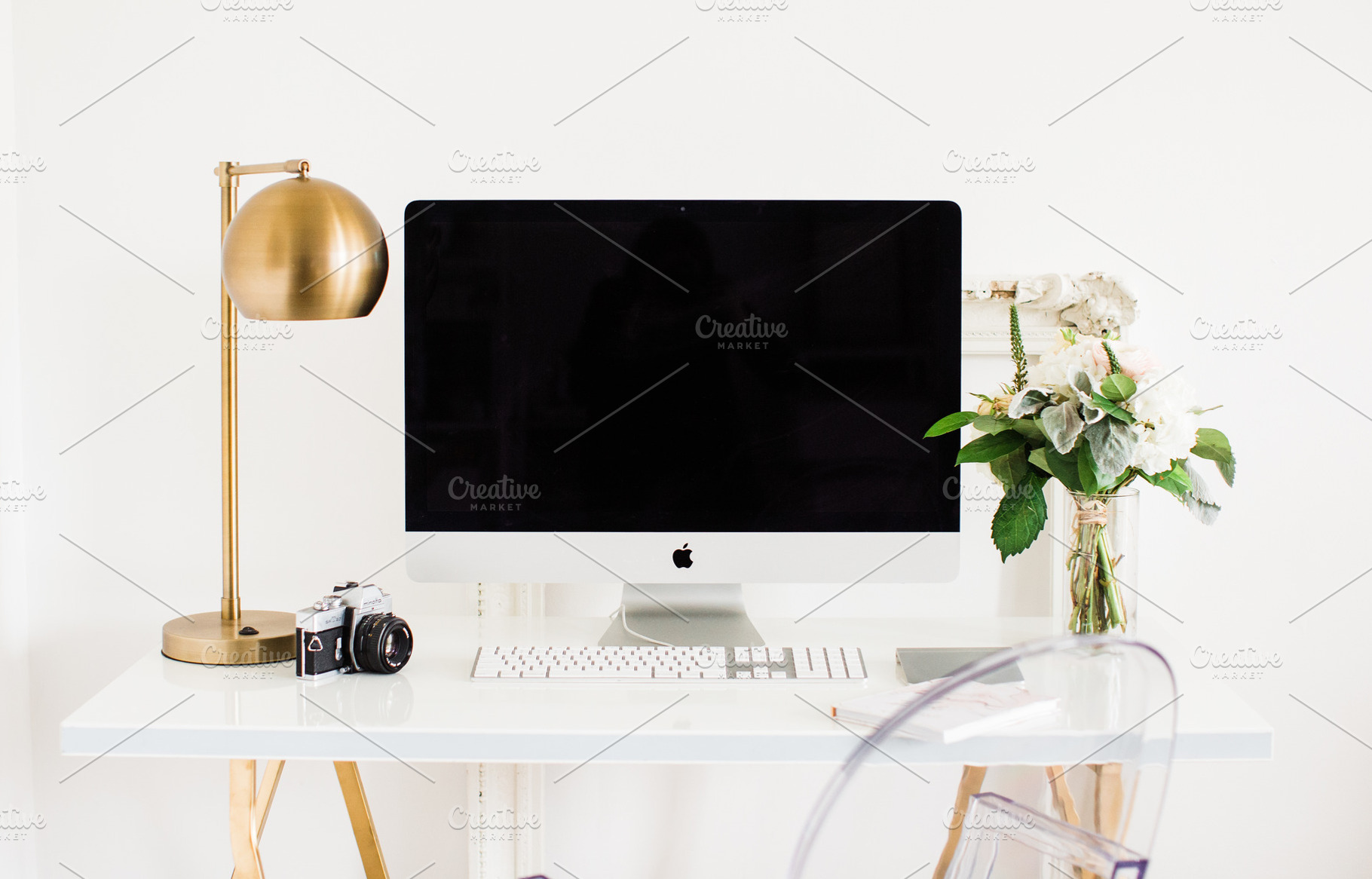 iMac on white Feminine Desk & Floral, a Business Photo by T&V Design Co.