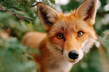 Stunning close-up of a fox in a lush green forest habitat, an Animal Photo by AlyaAnd