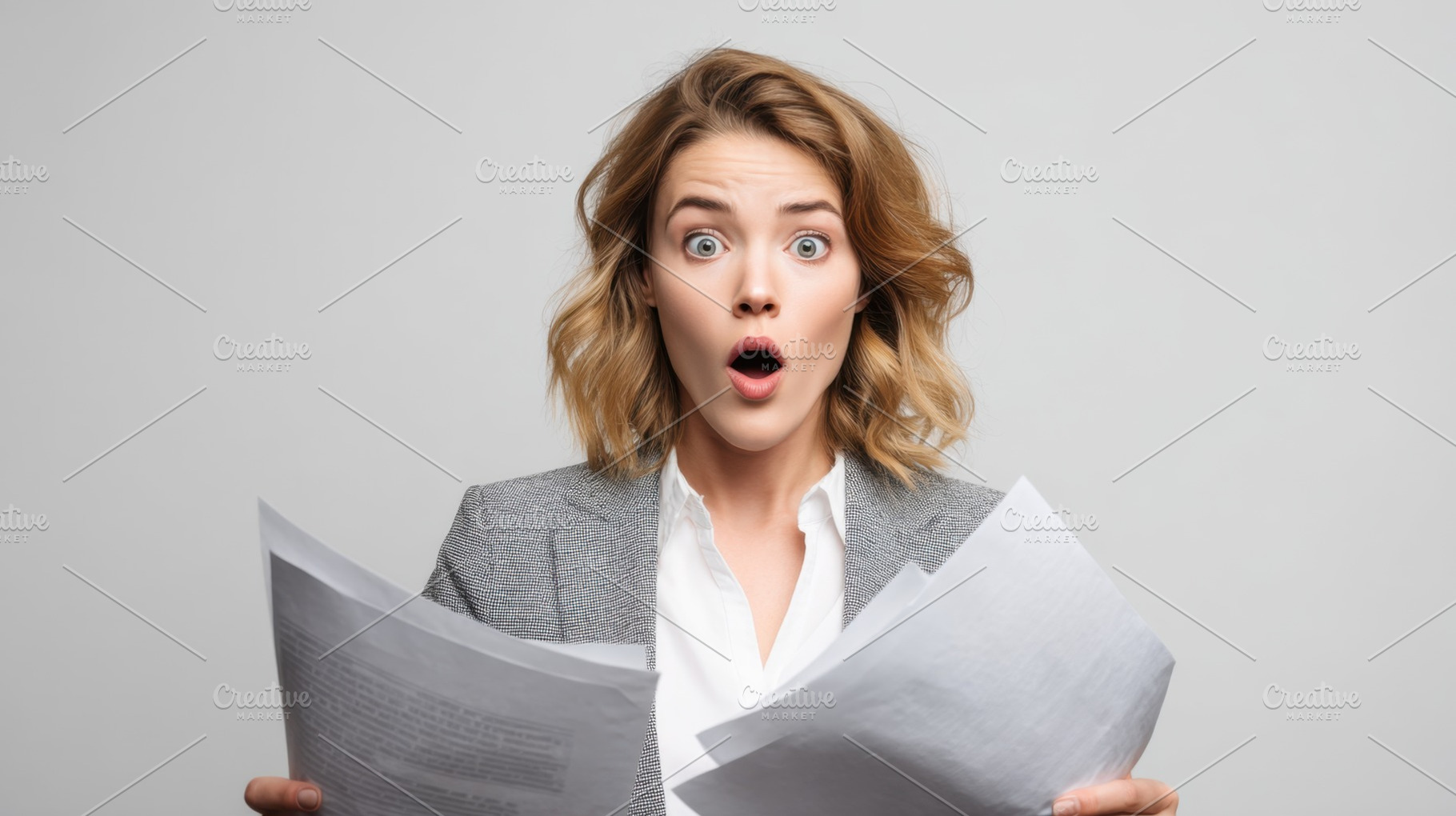 Surprised woman reading docs, a Photo by Beautiful things