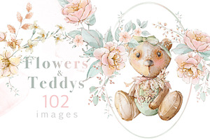 Watercolor Flowers spring teddy set