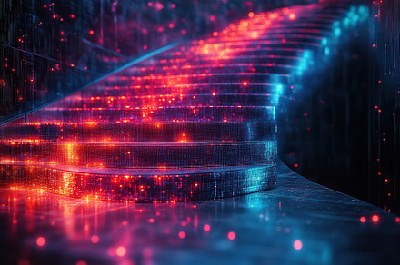 Stairway illuminated by vibrant ligh, a Photo by Tanuart