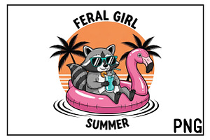 Summer Vibes Flamingo Raccoon PNG, an Illustration by Black Bird Studio