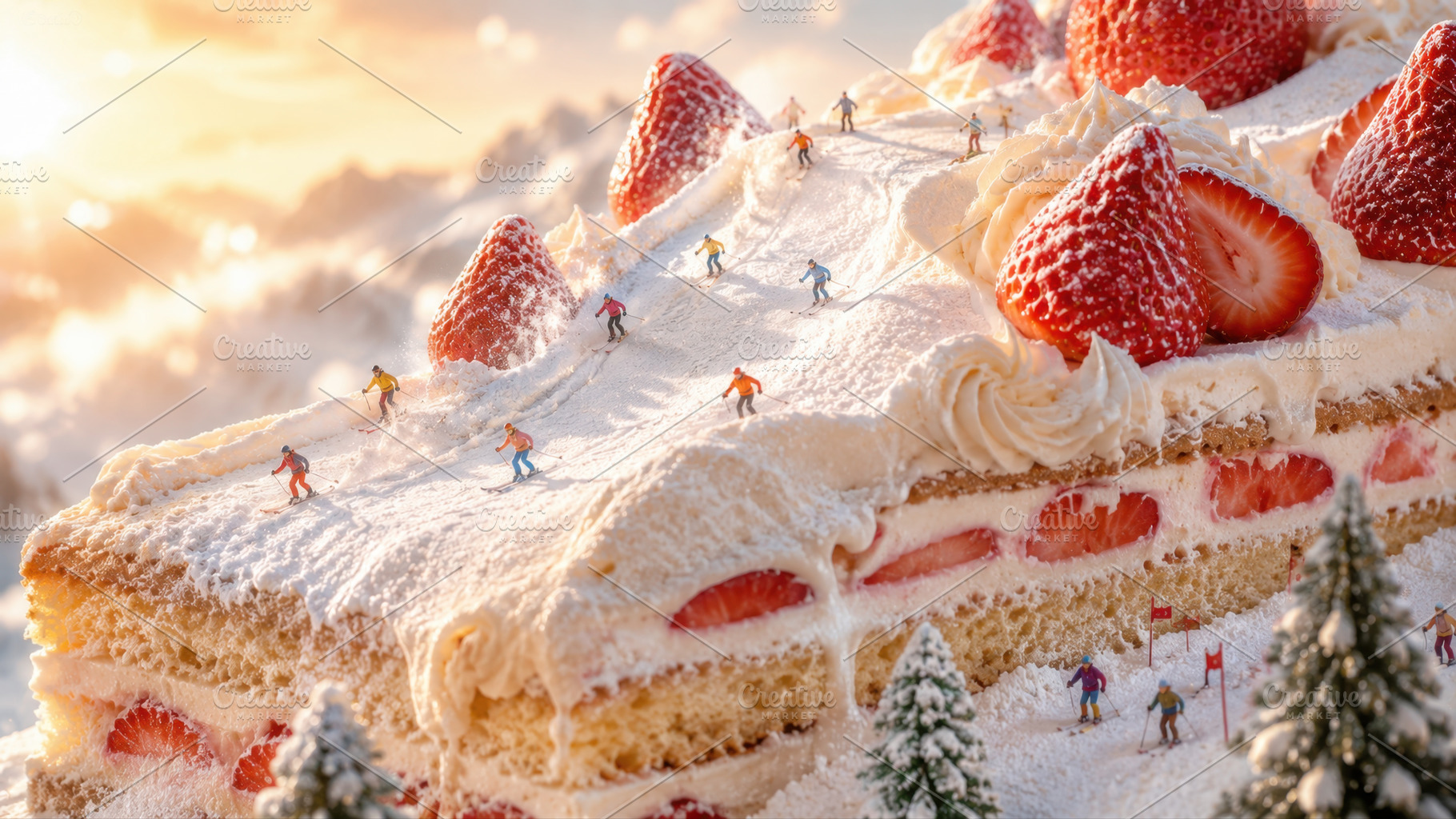 Mini skiers on a giant cake scene, a Photo by Beautiful things