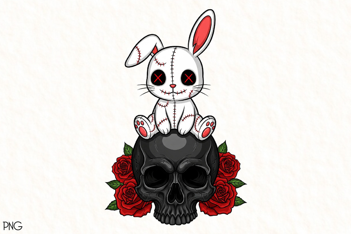 Cute White Bunny with Skull Clipart, an Illustration by Black Bird Studio