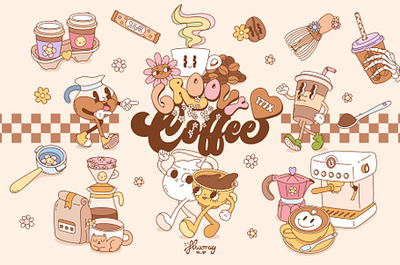 Retro Groovy Coffee Clipart Bundle, a Food Illustration by Huxmay
