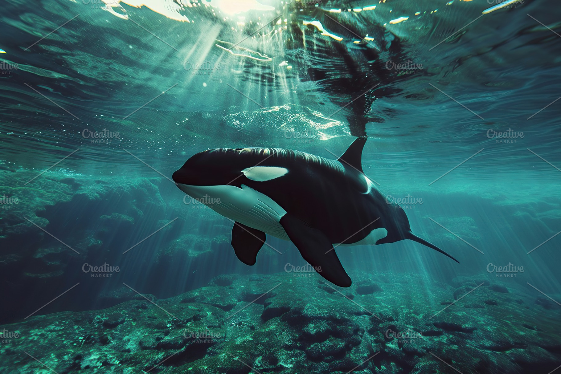 Killer whale swims in underwater world, an Animal Photo by AlyaAnd
