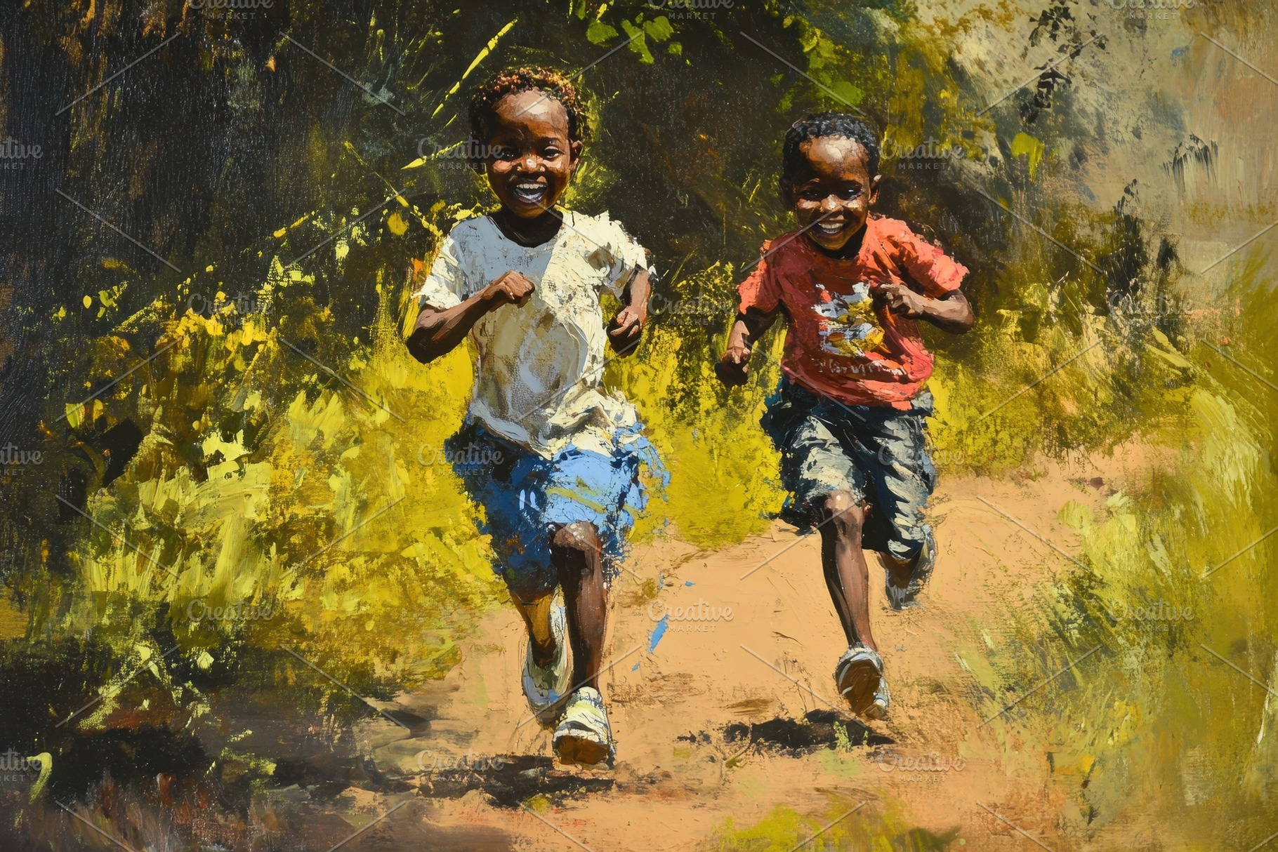 Children joyfully running down a gra, a Photo by Iftikhar Alam