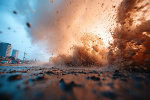 Waves crash violently against the shore during a powerful hurricane in an urban, a Photo by AlyaAnd