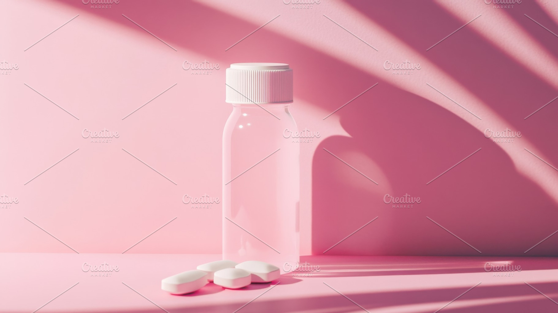 Clear bottle, white pills on pink, a Photo by Beautiful things