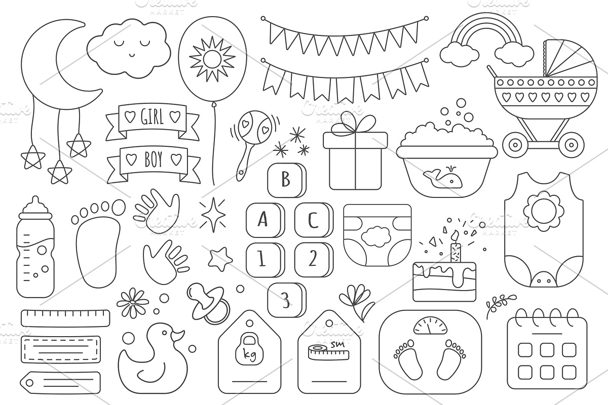 Baby metric line doodle icons, an Object Illustration by Lemberg Vector