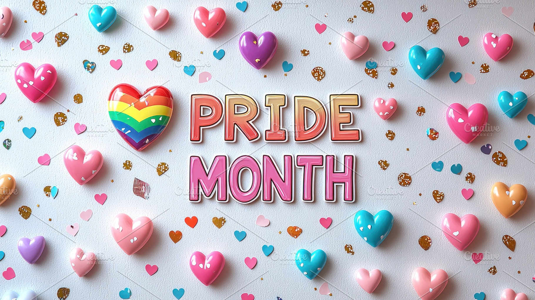Colorful hearts and confetti with Pride Month text in rainbow an, a Background Photo by José Manuel Gelpi