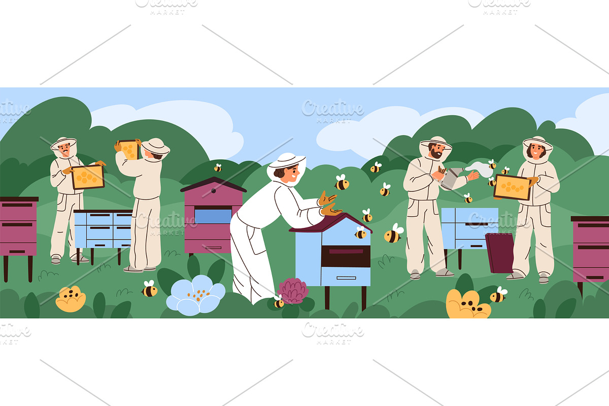 Beekeepers at apiary. Happy apiarist, a Person Illustration by YummyBuum