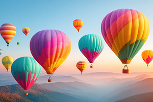 Colorful hot air balloons at sunrise over mountains, an Arts & Entertainment Photo by AlyaAnd