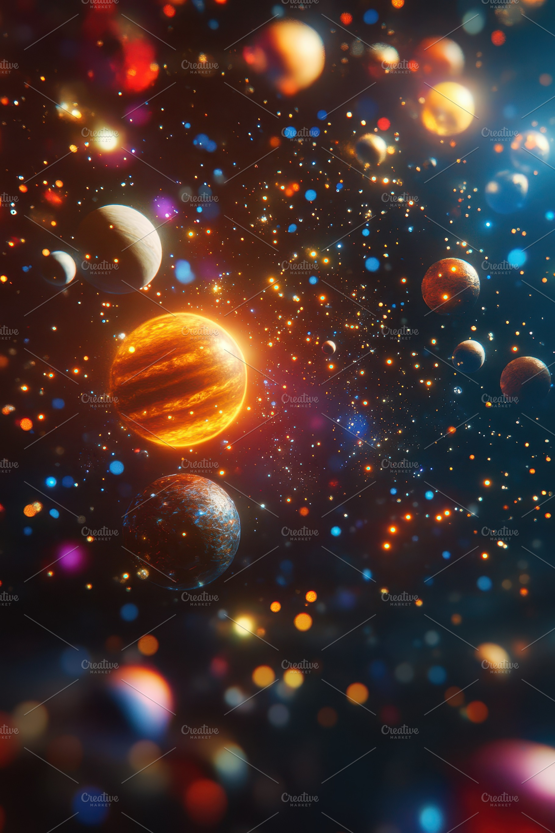 Celestial Bodies Glowing Planets Cos, an Abstract Photo by Pixeness Studio