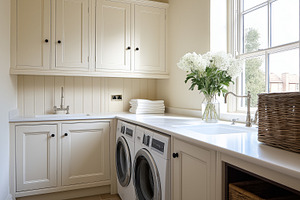 Clean and organized utility room with shaker cabinets, sink, washer, dryer, and, an Architecture Photo by Studio ANNA