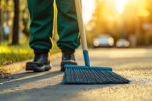 Sweeping the modern pedestrian area with a blue broom during gol, a Photo by AlyaAnd