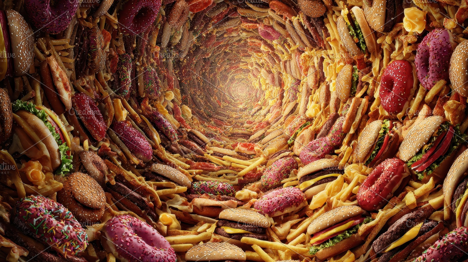 Food tunnel with burgers, donuts, a Photo by Pavel_design