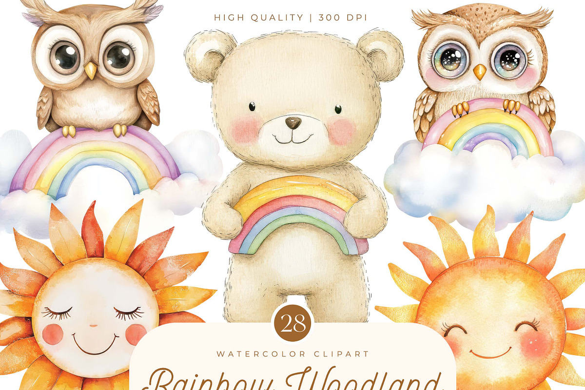 Boho Rainbow Woodland Animals, an Animal Illustration by SparkyDesignsUS (Photo 1 of 9)