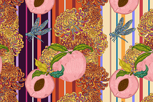 Peach, Chrysanthemum and Dragonfly, a Pattern Graphic by NayaChu