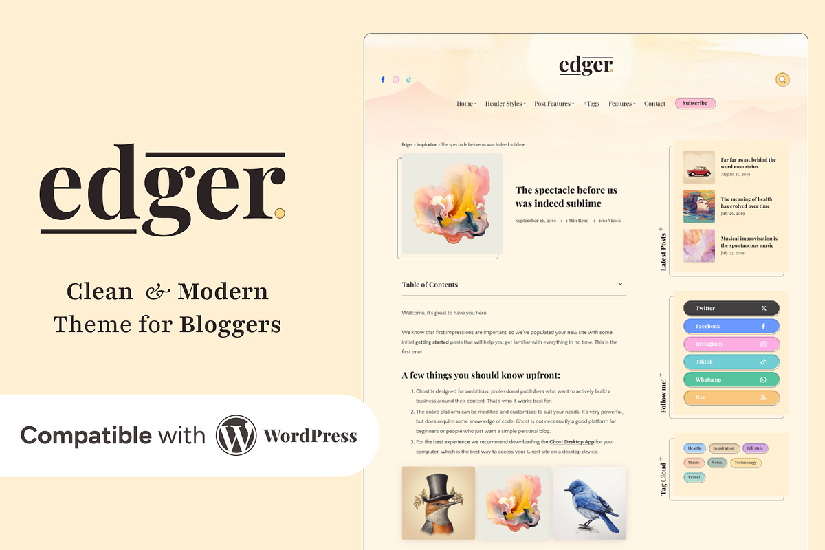 Edger a Minimal Blog for WordPress, a WordPress Template by EstudioPatagon Themes (Photo 2 of 3)