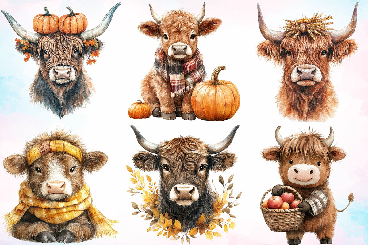 Autumn Highland Cow Clipart Bundle, a Seasonal Illustration by Canvas Craft (Photo 4 of 8)