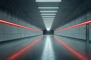 Modern tunnel illuminated by red and white lights at night, a Background Photo by OSORIOartist
