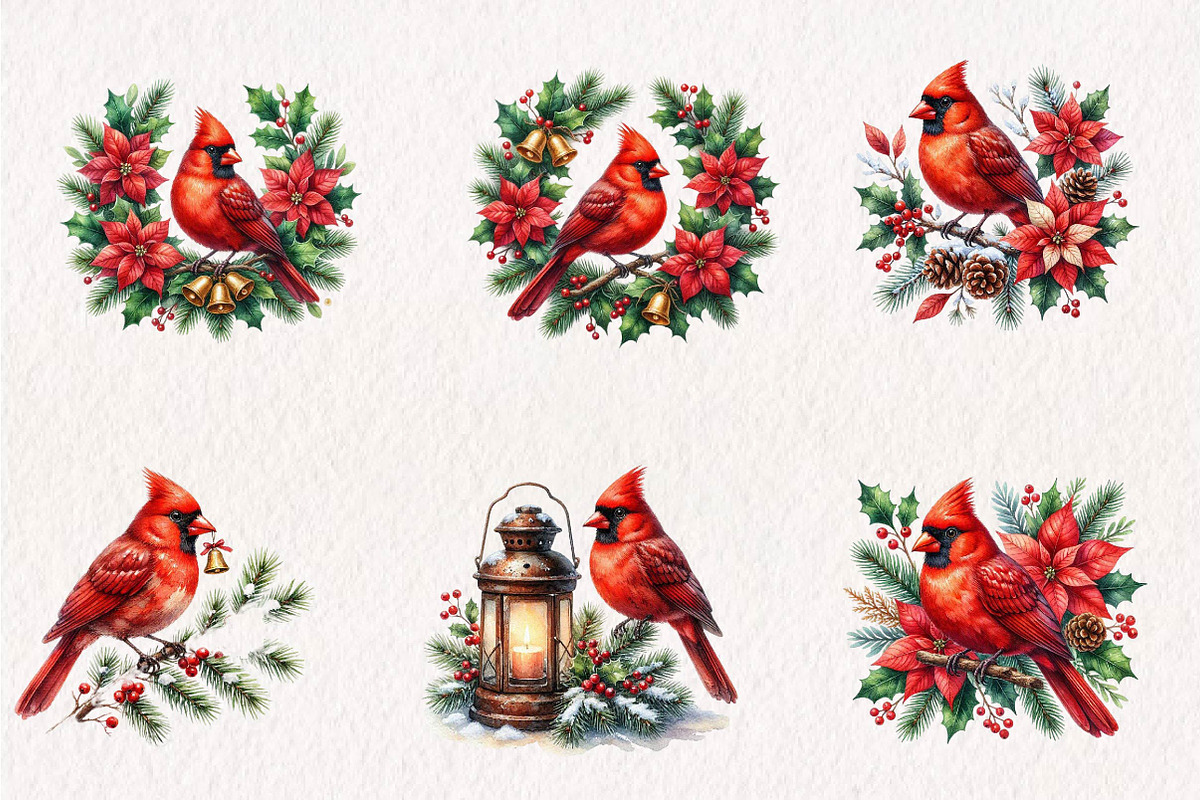Watercolor Red Cardinal Clipart, a Seasonal Illustration by CreationArt (Photo 2 of 7)