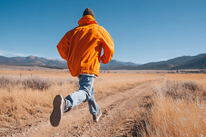 Man in bright orange jacket running, a Sports & Recreation Photo by MistyDay